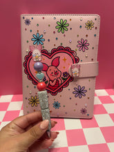 Load image into Gallery viewer, Piglet A5 Notebook Binder with Silver Rhinestone Matching Pen | Bedazzled Notebook with Charm
