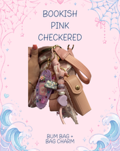 Load image into Gallery viewer, Light Pink Checkered Bum Bag with Bookish Girly Bag Charm | Book Girl Gift | Book Girly Aesthetic Bag Accessories
