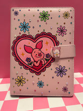 Load image into Gallery viewer, Piglet A5 Notebook Binder with Silver Rhinestone Matching Pen | Bedazzled Notebook with Charm

