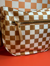 Load image into Gallery viewer, Fall Bum Bag + Bag Charm Set | Light Brown Checkered Bum Bag with 3 pockets on the Outside | Pumpkin Bag Charm | Motel Keychain
