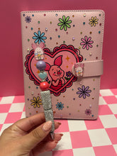 Load image into Gallery viewer, Piglet A5 Notebook Binder with Silver Rhinestone Matching Pen | Bedazzled Notebook with Charm
