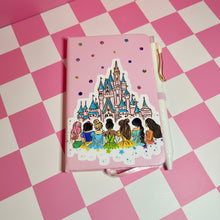 Load image into Gallery viewer, Princesses Mini Notebook with Pen | Bedazzled Notebook with Lined Paper | Princess Castle Notebook
