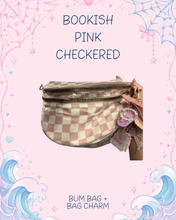 Load image into Gallery viewer, Light Pink Checkered Bum Bag with Bookish Girly Bag Charm | Book Girl Gift | Book Girly Aesthetic Bag Accessories
