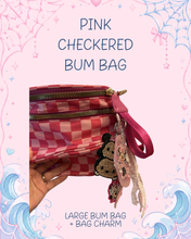 Load image into Gallery viewer, Pink Checkered Bum Bag with Bag Charm | Mouse Inspired Bag Charm | Large Capacity Bum Bag | Long Strap Included |

