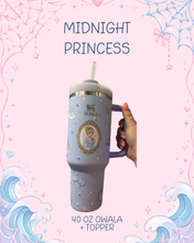Load image into Gallery viewer, Midnight Princess 40oz Stanley Tumbler with a Matching Decorated Topper | Bedazzled Water Bottle | Silver and Light Blue
