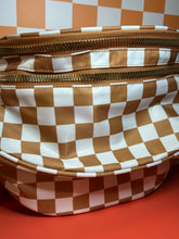Load image into Gallery viewer, Fall Bum Bag + Bag Charm Set | Light Brown Checkered Bum Bag with 3 pockets on the Outside | Pumpkin Bag Charm | Motel Keychain

