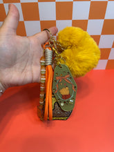 Load image into Gallery viewer, Beary Cozy Hunny Bear Bag Charm | Hunny Pot Bear Fall Season Keychain Accessories | Olive Green Mustard Yellow Orange Purse Charms
