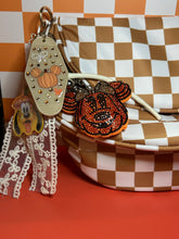 Load image into Gallery viewer, Fall Bum Bag + Bag Charm Set | Light Brown Checkered Bum Bag with 3 pockets on the Outside | Pumpkin Bag Charm | Motel Keychain
