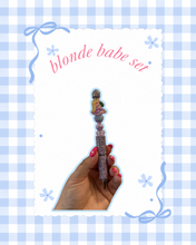 Load image into Gallery viewer, Blonde Babe Princess Set | A5 notebook + 24oz Owala + Beaded Pen | Trendy Accessories | Custom Owala | Mouse Inspired | Castle Inspired | Lavender and Pink Accessories |
