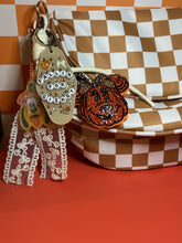 Load image into Gallery viewer, Fall Bum Bag + Bag Charm Set | Light Brown Checkered Bum Bag with 3 pockets on the Outside | Pumpkin Bag Charm | Motel Keychain
