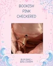 Load image into Gallery viewer, Light Pink Checkered Bum Bag with Bookish Girly Bag Charm | Book Girl Gift | Book Girly Aesthetic Bag Accessories

