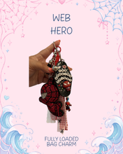 Load image into Gallery viewer, Web Hero Bag Charm | Red and Black Accessories | Superhero Bag Charm | Spidey Girly Accessory | Web Slinger Motel Keychain
