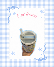Load image into Gallery viewer, Blue Lemon Striped 40oz Tumbler | Summer Aesthetic | Lemons &amp; Flowers | Lemon and Bow | Summer Tumbler | Trendy Summer Tumblers
