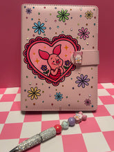 Load image into Gallery viewer, Piglet A5 Notebook Binder with Silver Rhinestone Matching Pen | Bedazzled Notebook with Charm
