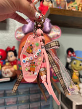 Load image into Gallery viewer, Here for the Snacks Mouse Bag Charm | Brown and Pink Girly | Lace &amp; Rope Bag Charm with Motel Keychain | Handmade Bag Charms
