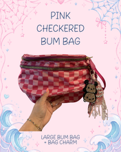 Load image into Gallery viewer, Pink Checkered Bum Bag with Bag Charm | Mouse Inspired Bag Charm | Large Capacity Bum Bag | Long Strap Included |
