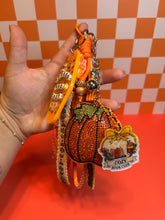 Load image into Gallery viewer, Booked &amp; Cozy Bag Charm | Fall Season Bag Charms | Cozy Book Club Pumpkins Beaded Rope | Rhinestone Pumpkin | Bookish Fall Girly
