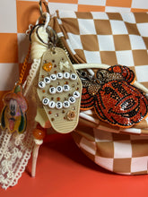 Load image into Gallery viewer, Fall Bum Bag + Bag Charm Set | Light Brown Checkered Bum Bag with 3 pockets on the Outside | Pumpkin Bag Charm | Motel Keychain
