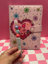 Load image into Gallery viewer, Piglet A5 Notebook Binder with Silver Rhinestone Matching Pen | Bedazzled Notebook with Charm
