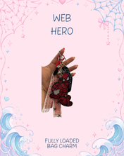 Load image into Gallery viewer, Web Hero Bag Charm | Red and Black Accessories | Superhero Bag Charm | Spidey Girly Accessory | Web Slinger Motel Keychain
