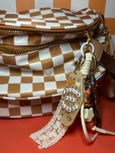 Load image into Gallery viewer, Fall Bum Bag + Bag Charm Set | Light Brown Checkered Bum Bag with 3 pockets on the Outside | Pumpkin Bag Charm | Motel Keychain
