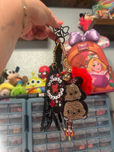 Load image into Gallery viewer, Mouse Inspired Sweethearts Bag Charm | Black &amp; Red Aesthetic | Bag Charm Accessory | Theme Park Accessory | Magic Inspired | Bows and Rhinestones
