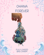 Load image into Gallery viewer, Ohana Forever Bag Charm | Beaded Bag Charm | Magic Inspired Accessories | Blue Rhinestones Bag Charm |
