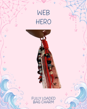 Load image into Gallery viewer, Web Hero Bag Charm | Red and Black Accessories | Superhero Bag Charm | Spidey Girly Accessory | Web Slinger Motel Keychain
