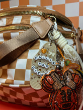 Load image into Gallery viewer, Fall Bum Bag + Bag Charm Set | Light Brown Checkered Bum Bag with 3 pockets on the Outside | Pumpkin Bag Charm | Motel Keychain
