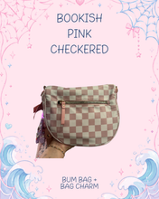 Load image into Gallery viewer, Light Pink Checkered Bum Bag with Bookish Girly Bag Charm | Book Girl Gift | Book Girly Aesthetic Bag Accessories
