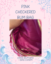Load image into Gallery viewer, Pink Checkered Bum Bag with Bag Charm | Mouse Inspired Bag Charm | Large Capacity Bum Bag | Long Strap Included |
