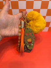 Load image into Gallery viewer, Beary Cozy Hunny Bear Bag Charm | Hunny Pot Bear Fall Season Keychain Accessories | Olive Green Mustard Yellow Orange Purse Charms
