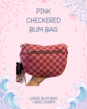 Load image into Gallery viewer, Pink Checkered Bum Bag with Bag Charm | Mouse Inspired Bag Charm | Large Capacity Bum Bag | Long Strap Included |
