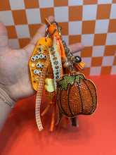 Load image into Gallery viewer, Booked &amp; Cozy Bag Charm | Fall Season Bag Charms | Cozy Book Club Pumpkins Beaded Rope | Rhinestone Pumpkin | Bookish Fall Girly
