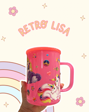 Load image into Gallery viewer, Retro Lisa Glass Mug | Iced Coffee | Lisa F | Colorful Hot Pink | Horses | Kittens | Puppies | Peace | Rainbows
