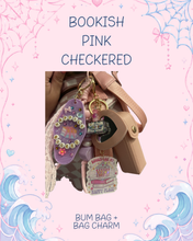 Load image into Gallery viewer, Light Pink Checkered Bum Bag with Bookish Girly Bag Charm | Book Girl Gift | Book Girly Aesthetic Bag Accessories
