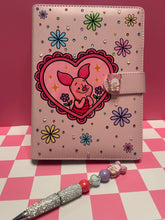 Load image into Gallery viewer, Piglet A5 Notebook Binder with Silver Rhinestone Matching Pen | Bedazzled Notebook with Charm
