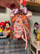 Load image into Gallery viewer, Here for the Snacks Mouse Bag Charm | Brown and Pink Girly | Lace &amp; Rope Bag Charm with Motel Keychain | Handmade Bag Charms
