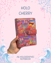 Load image into Gallery viewer, Holographic Cherry and Bow A6 Notebook Binder | Mouse Inspired Cherries | Summer Notebook | Junk Journals
