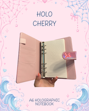 Load image into Gallery viewer, Holographic Cherry and Bow A6 Notebook Binder | Mouse Inspired Cherries | Summer Notebook | Junk Journals
